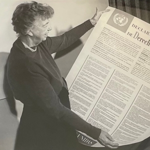 "Eleanor Roosevelt Holding the UN Declaration of Human Rights in Spanish," 1949	 